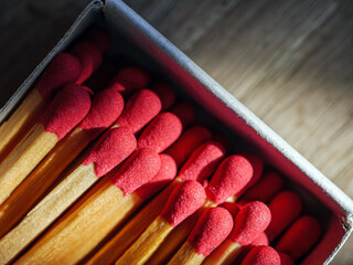 Close-up of matches fire stick in a matchbox, macro, Top view