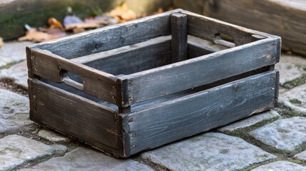 Obraz premium Empty rustic wooden crate outdoors, cobblestone background, autumn leaves