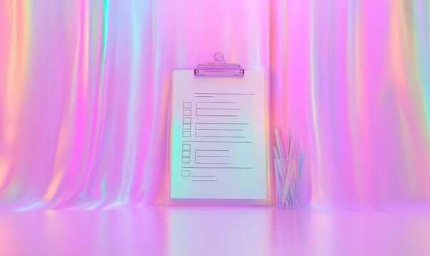 A vibrant clipboard with a checklist against a colorful, iridescent background, ideal for creative projects
