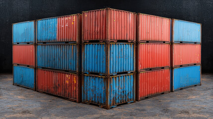 Fototapeta premium Colorful shipping containers stacked in corner, showcasing structural bends and dents, creating industrial atmosphere