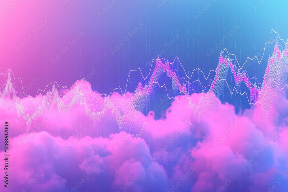 Poster stock market graph with rising trend lines and soft cloud-like patterns