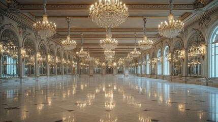 Fototapeta premium Elegant ballroom interior with chandeliers and polished marble floor