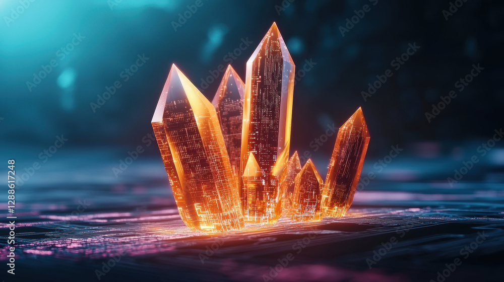 Poster crystalline structures glowing vibrant orange hues, showcasing intricate details and sharp edges, cr