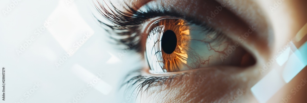 Poster Close up of an eye with futuristic digital elements reflecting in the iris, representing advanced vision technology, health diagnostics, or cosmetic enhancements
