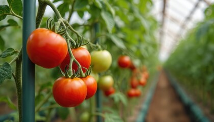 Tomatoes grow in greenhouse. Agriculture business cultivation. Ripe red vegetables hang on branches. Organic, natural, fresh farm food. Tasty nature green business. Farming in summer season.