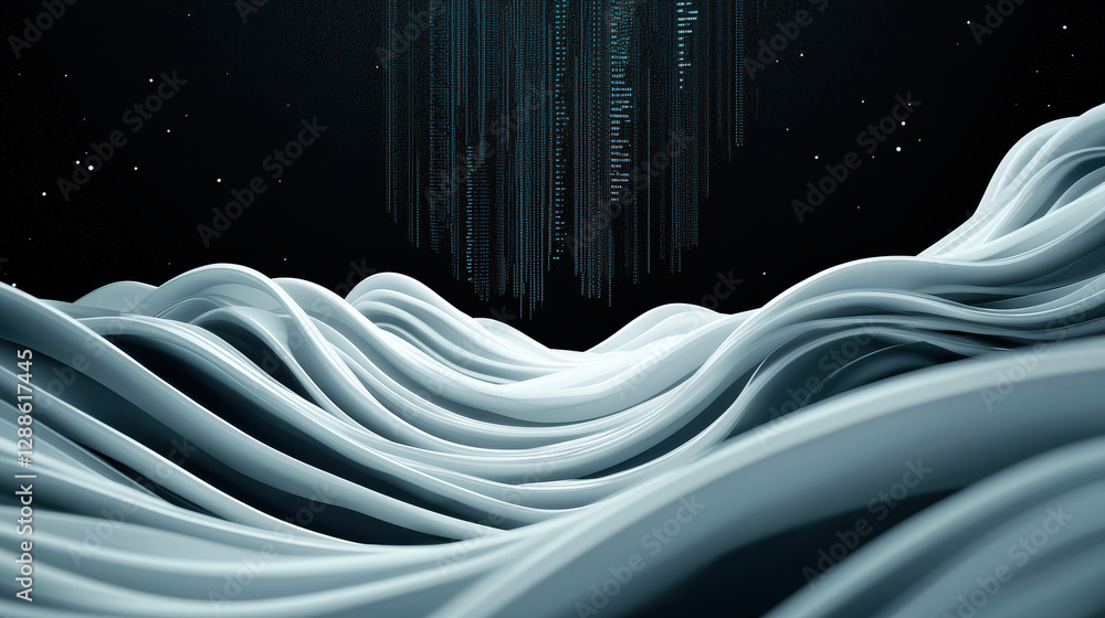 Poster digital landscape with flowing waves and cascading code creates futuristic atmosphere