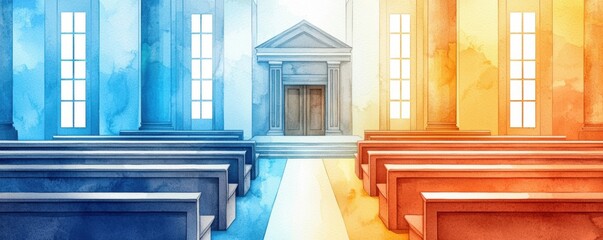 Law restriction, court concept. Courtroom scene with vibrant colors illustrating the vivid atmosphere of legal proceedings and justice's complex nature