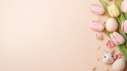 Easter celebration concept: decorated tulips, eggs and bunny elements on beige background. Flat lay composition with space for text. Perfect for Easter themed advertising, invitations or greeting card