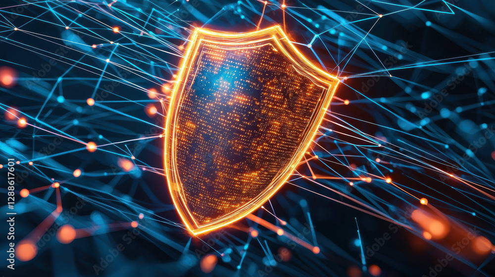 Poster digital security shield glowing with network connections and data flow