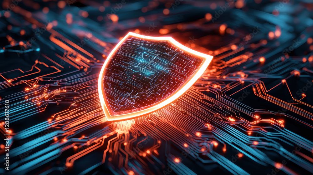 Poster digital security concept with glowing shield and circuit patterns