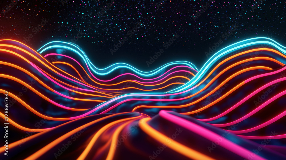 Poster vibrant digital sound waves create rhythmic patterns in neon colors, evoking sense of energy and mov