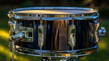 Obraz premium Black snare drum outdoors, sunlight, green background, music