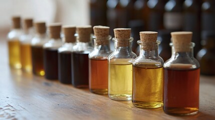 Row of Small Glass Bottles with Diverse Herbal Extracts