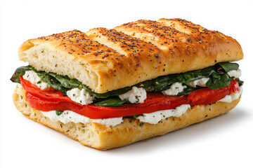 A delicious vegetarian sandwich featuring roasted red peppers, fresh spinach, and creamy cheese between two slices of toasted bread.