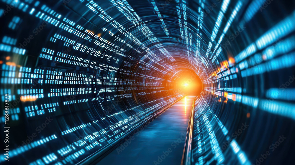 Poster glowing light at end of digital tunnel, representing data flow and technology