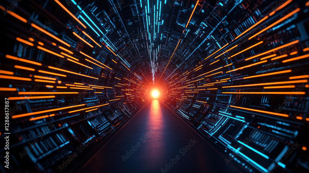 Poster data tunnel perspective with glowing lights creating vibrant atmosphere