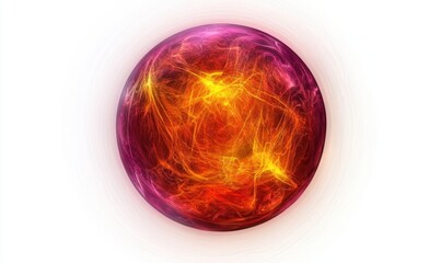 A vibrant, glowing orb of swirling red and yellow energy against a white background, symbolizing power