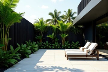 Serene Minimalist Patio Design Featuring Lush Tropical Greenery and Modern Lounge Chairs