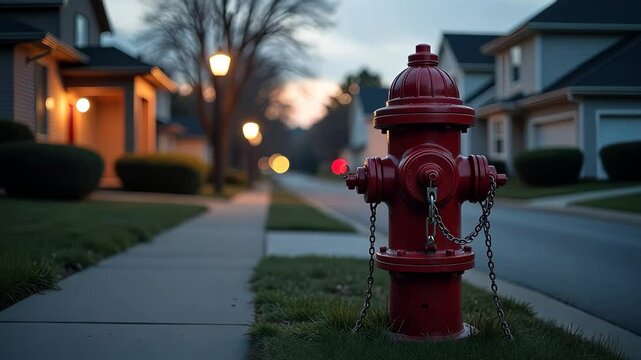 A red fire hydrant with a chain on it. It is on the sidewalk. There are houses in the background