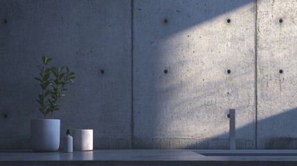 Minimalist bathroom, plant, sunlight, concrete wall, product display