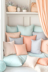 Cozy reading nook with pastel pillows in peach, mint, and beige, soft curtains, and minimalistic decor, creating a relaxing and inviting atmosphere