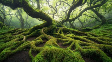 Mossy ancient tree roots, mystical forest, foggy background, fantasy