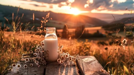 Glass bottle with fresh milk on a wooden table in a blurred landscape of a meadow and mountains. Sustainable and ecological production of food and milk. Livestock and dairy farm