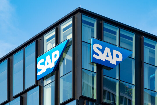 SAP logo on corporate building facade, Global software company headquarters with modern architecture in business district, Eschborn, Germany - September 1, 2024
