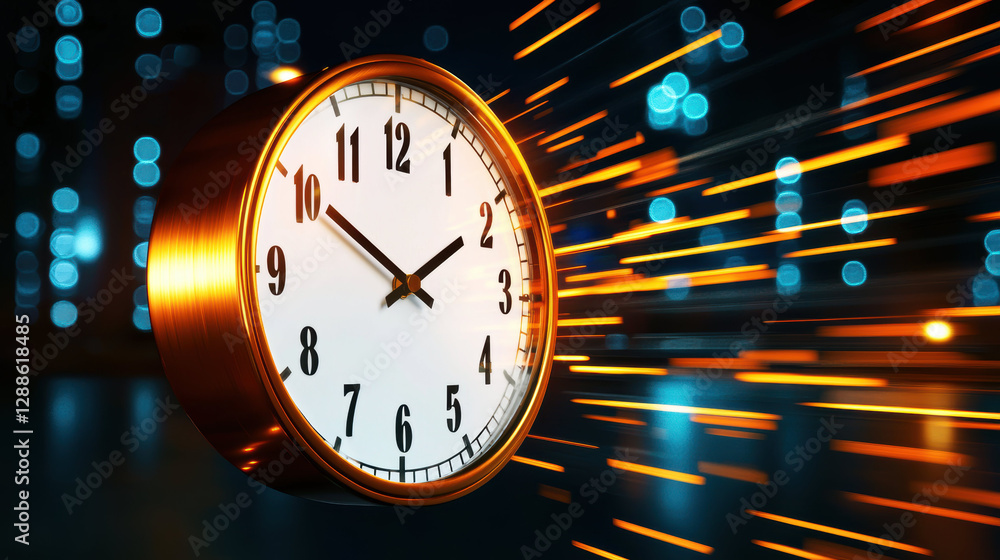 Poster digital clock showing time with motion blur effect, conveying speed and urgency