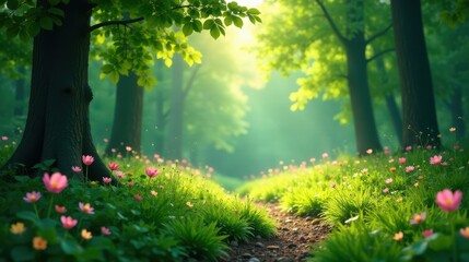Fototapeta premium Serene Woodland Path Sunlight Dappled Through Lush Green Canopy, Pink Blossoms Adorn the Ground, Tranquil Nature Scene