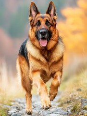 A joyful German Shepherd runs along a scenic path, surrounded by autumn foliage, showcasing its striking coat and playful demeanor.