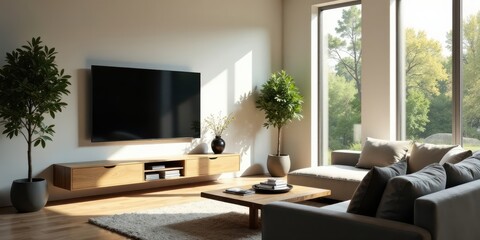 Modern living room interior design with sunlight streaming through large windows, showcasing a minimalist aesthetic and comfortable seating