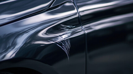 Close-up of a deep scratch on a shiny black car door, highlighting damage to the paintwork.