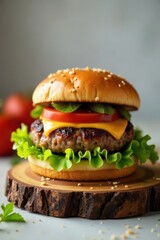 Juicy grilled patty, melted cheese, crisp lettuce, and ripe tomato slices nestled between a sesame seed bun, presented on a rustic wooden board.