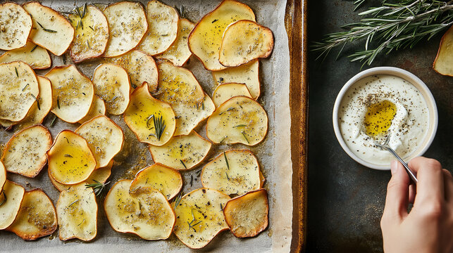 Top-down view of thinly sliced Tarul root on parchment-lined tray, seasoned with olive oil and rosemary. Raw slices on left, seasoning being sprinkled in center, and golden baked chips with dip