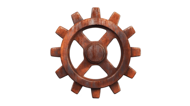 Intricate wooden gear wheel on a colorful, vibrant background, rustic mechanical design