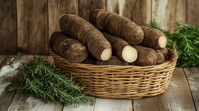 Large Tarul roots stacked in woven basket on rustic wooden kitchen counter. Rich brown textures contrast with light wood tones, fresh rosemary sprigs add a green accent to the earthy scene.