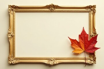 Ornate Golden Frame with a Vibrant Autumn Leaf A Decorative Composition for Seasonal Design