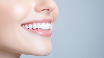 Obraz premium Close up of a smiling woman showcasing her healthy teeth and lips, emphasizing beauty and wellness, perfect for concepts related to dental hygiene and cosmetic care