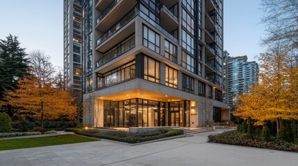 Modern city condo building entrance, autumn twilight, landscaped grounds, real estate marketing