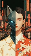 Dual Identity Man and Kitsune Mask in Asian Cityscape