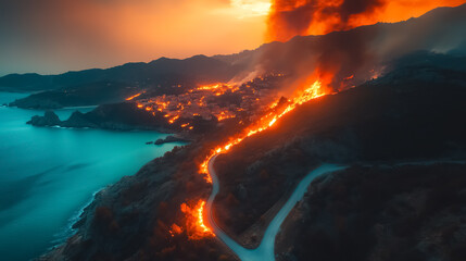 Fototapeta premium a winding road along the sea and a town on the hills covered in flames on a bright sunny day