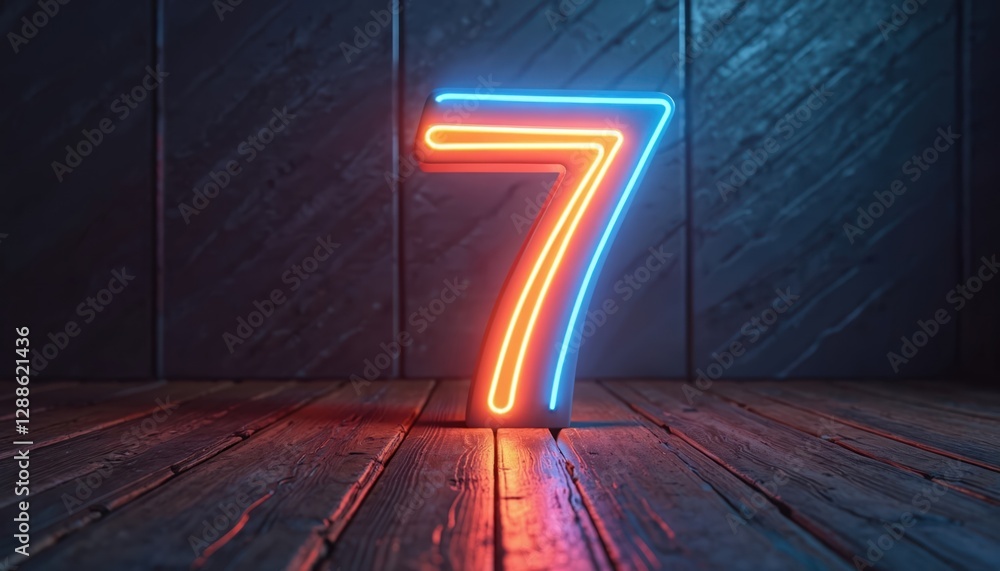 Poster Image of glowing neon number 7 on dark backdrop, standing on wooden surface. Number seven made from blue, orange neon light in 3D rendering. Modern bright conceptual sign.