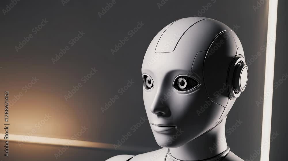 Poster futuristic robot headshot in profile, showcasing sleek design and metallic features. captured from a