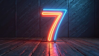 Image of glowing neon number 7 on dark backdrop, standing on wooden surface. Number seven made from blue, orange neon light in 3D rendering. Modern bright conceptual sign.