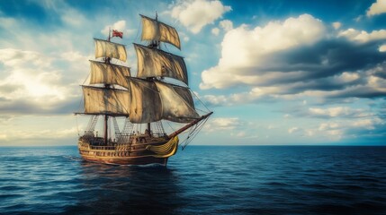 Fototapeta premium Sailing Ship on Open Sea