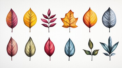 Obraz premium Colorful Variety of Hand-Illustrated Leaves with Distinct Shapes and Textures on a Light Background