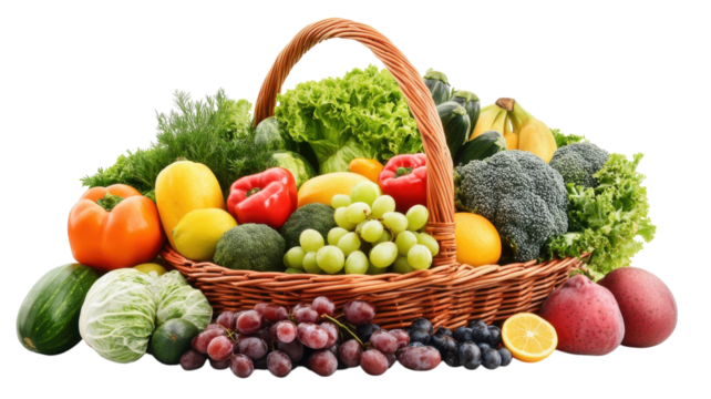 Fresh produce basket filled with vibrant vegetables and fruits arranged on a white background showcasing healthy eating options