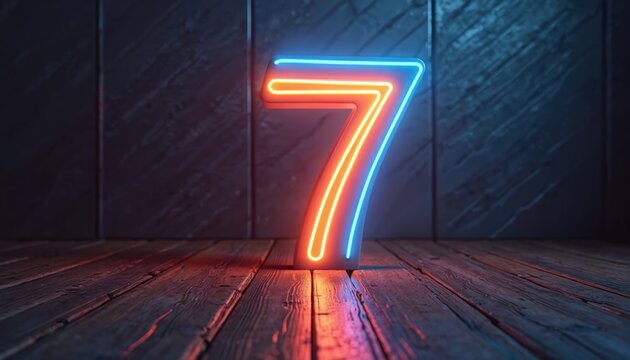 Image of glowing neon number 7 on dark backdrop, standing on wooden surface. Number seven made from blue, orange neon light in 3D rendering. Modern bright conceptual sign.
