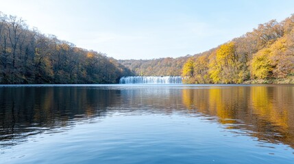 Fototapeta premium Autumn Waterfall reflecting in calm lake. Peaceful scenery. Use for nature wallpaper or desktop background